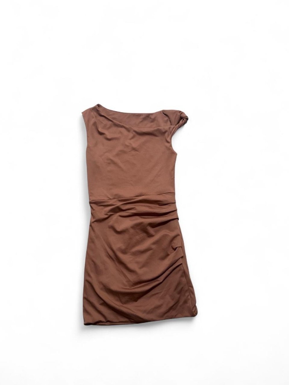 Brown Ruched Off-Shoulder Mini Dress